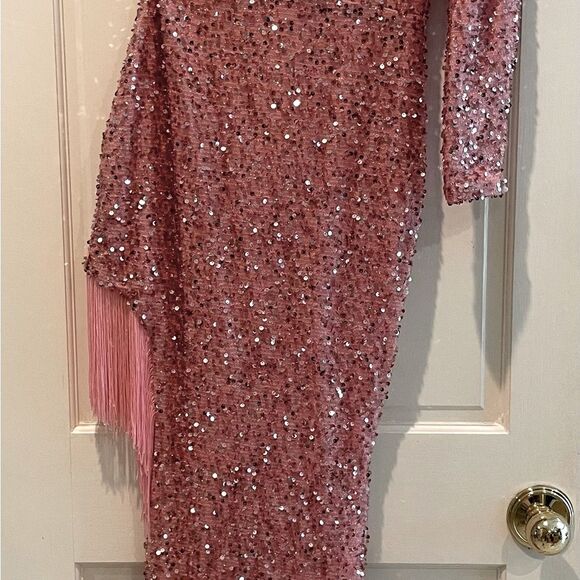 Giffnsetti Formal‎ One Shoulder Long Sleeve High Split Maxi Pink Sparkle Medium - Picture 6 of 10